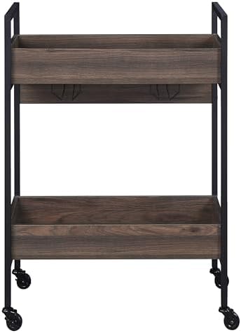 Walnut and Black Serving Cart with Two Shelves and Cup Holder