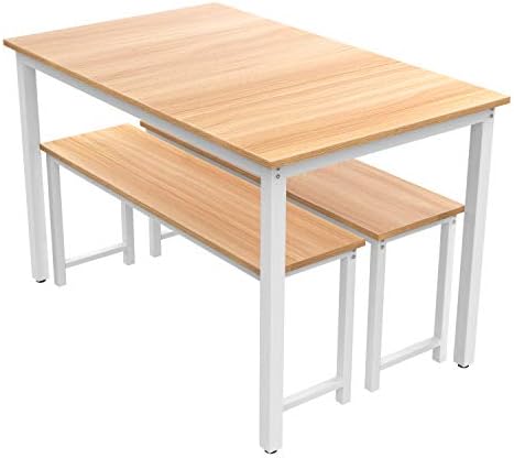 AWQM Dining Table Set with 2 Benches 472x287x287 Inches Beige