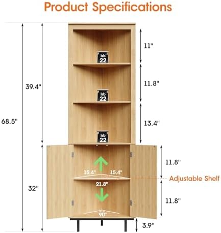 Maupvit Modern Boho Corner Shelf 69 Inch Storage Cabinet