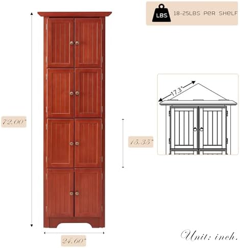 Corner Storage Cabinet 72 Inch Tall Wooden Kitchen Pantry with 8 Doors and 4 Adjustable Shelves