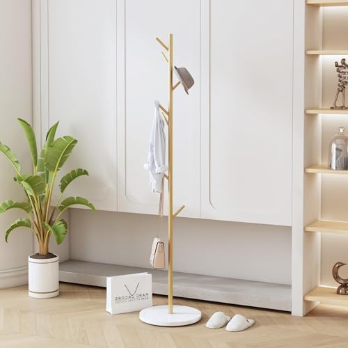 Gold Coat Rack Freestanding with Marble Base and 8 Hooks