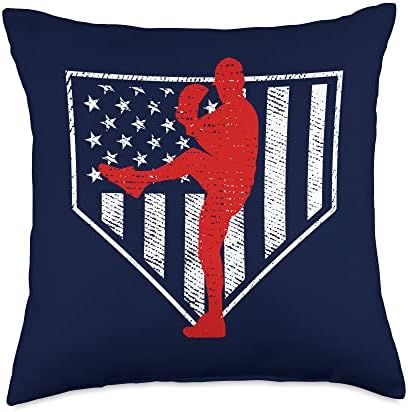 Vintage Baseball Pitcher American Flag Throw Pillow