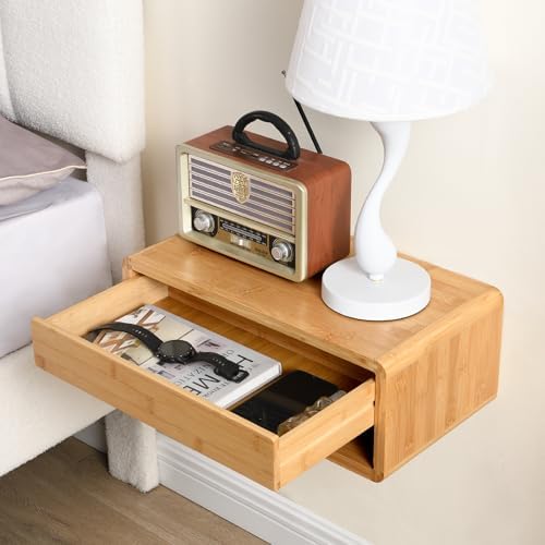 Bamboo Floating Nightstand with Storage Drawer