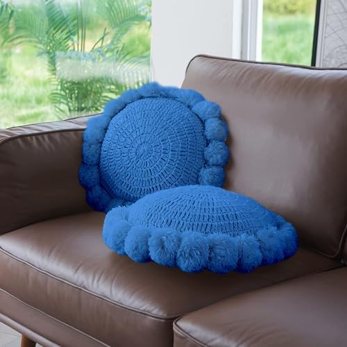 Boho Round Throw Pillow with Pom Poms Tassels 18 Inch Blue