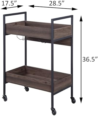 Walnut and Black Serving Cart with Two Shelves and Cup Holder