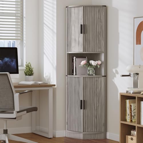 Maupvit 68 Inch Tall Corner Storage Cabinet with 4 Doors and 5 Shelves Rustic Gray