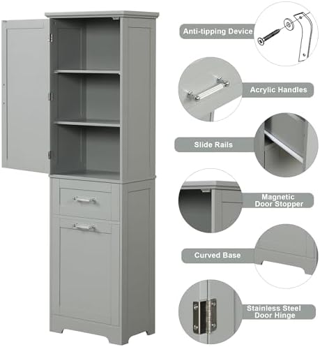 Tall Bathroom Cabinet with Two Drawers and Adjustable Shelf