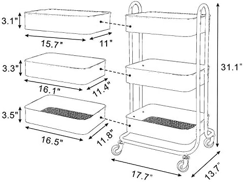Wonline 3-Tier Metal Rolling Storage Cart with Locking Casters Grey