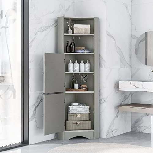 Tall Triangle Bathroom Cabinet with Doors and Adjustable Shelves Grey