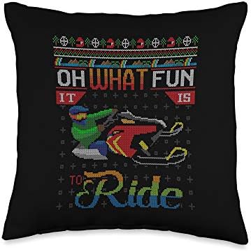 Oh What Fun It Is To Ride Snow Mobile Ugly Christmas Sweater Throw Pillow 1