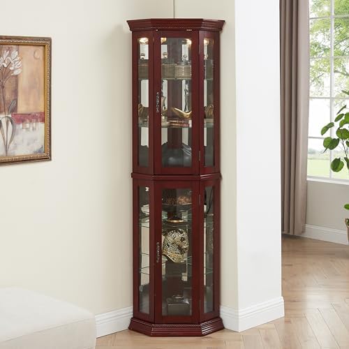 Lighted Corner Cabinet with Glass Doors and Adjustable Shelves