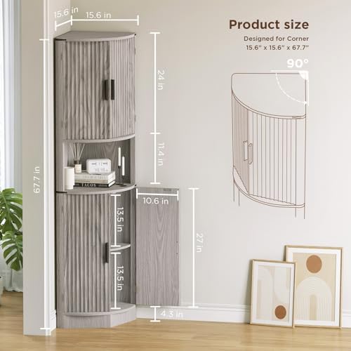 Maupvit 68 Inch Tall Corner Storage Cabinet with 4 Doors and 5 Shelves Rustic Gray