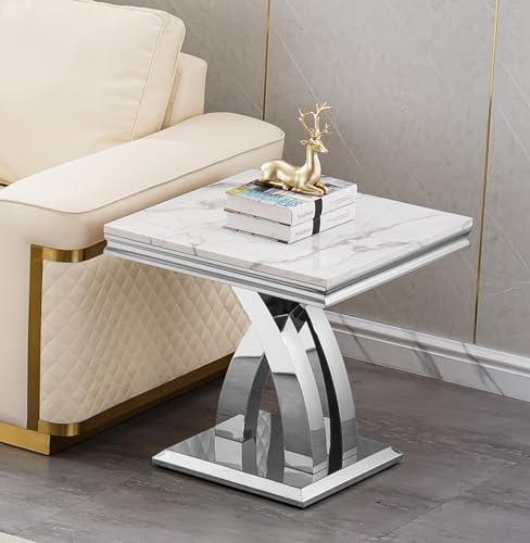 Modern Faux Marble End Table with X-Shaped Stainless Steel Base