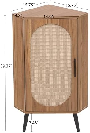 Knocbel Rustic Corner Storage Cabinet with Adjustable Shelves and Rattan Door
