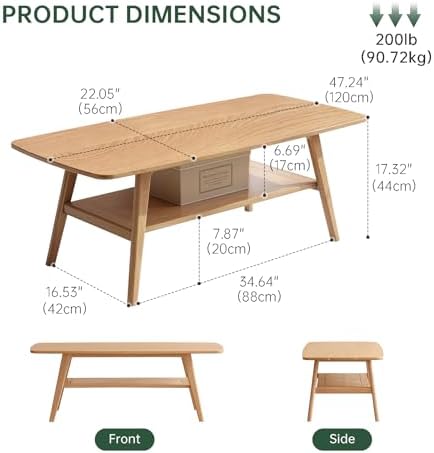 Wayshome Solid Oak Coffee Table 2-Tier with Shelf