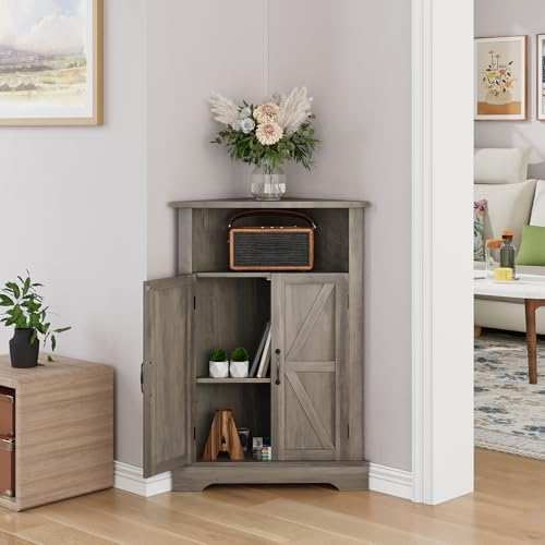 Farmhouse Corner Cabinet with Adjustable Shelves and Doors Grey