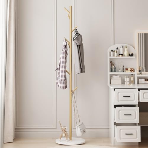 Gold Coat Rack Freestanding with Marble Base and 8 Hooks