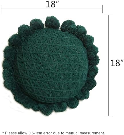 Acrylic Knitted Throw Pillow with Pom Poms Dark Green 18 Inches Diameter
