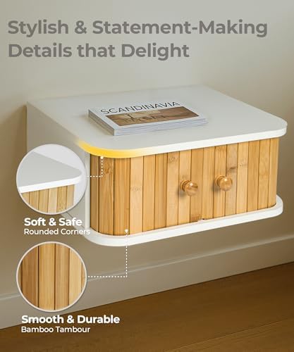 SUMGAR Floating Nightstand White Bedside Table Modern Boho Organizer Small Spaces Wall Mounted Storage with Drawers