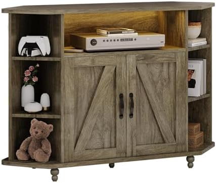 4 Ever Winner Corner TV Stand for 50 Inch TV Farmhouse Style with LED Light Open Storage Adjustable Shelves Grey