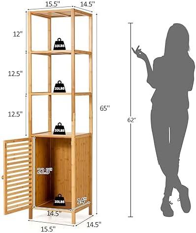 Giantex Bamboo Storage Cabinet 4-Tier Slim Shelving Unit with Shutter Door and Anti-Toppling Device