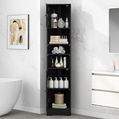 669 Inch Tall Corner Bathroom Cabinet with Doors Black