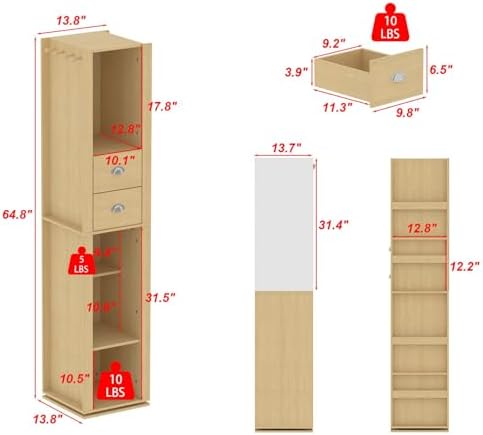 Rotating Storage Cabinet with Mirror Narrow Corner Bookshelf Entryway Organizer 4 Hooks 2 Drawers Beige 138x138x648