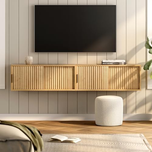 Fluted Wall Cabinet with Sliding Doors Natural Oak