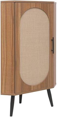 Knocbel Rustic Corner Storage Cabinet with Adjustable Shelves and Rattan Door