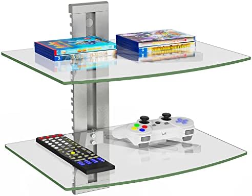 WALI Floating Entertainment Shelves 2-Tier 176lbs Weight Capacity Tempered Glass Silver