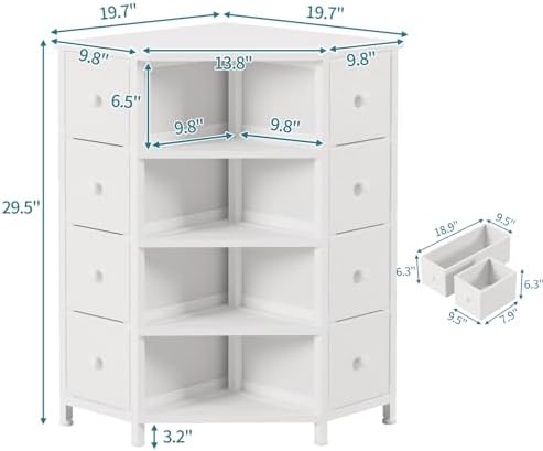 LUMTOK 8 Drawer Corner Dresser with Fabric and Open Shelves White