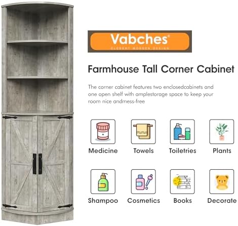 Vabches 648 Tall Farmhouse Corner Cabinet with Storage Shelves