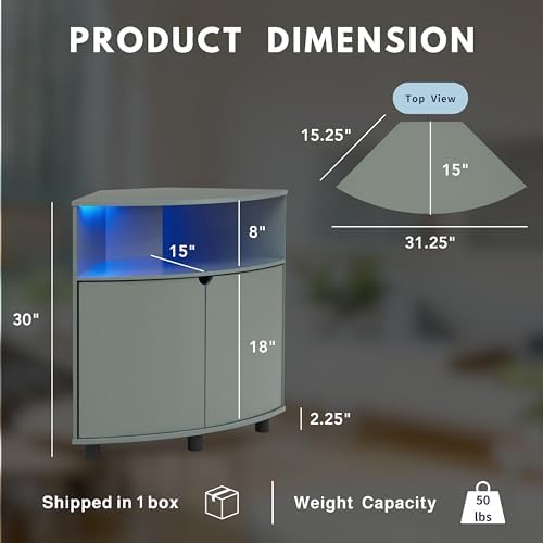 Berg Modern 31-inch LED Corner Cabinet with 2 Shelves 16 Colors USB Charge Cord Sage Green