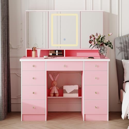 Timechee Vanity Mirror with 9 Drawers and 3 Color Lights