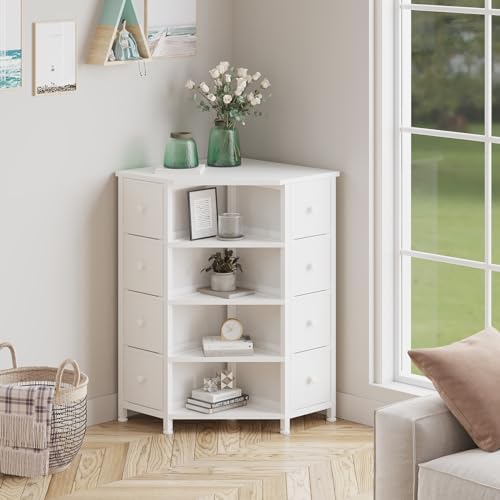 LUMTOK 8 Drawer Corner Dresser with Fabric and Open Shelves White