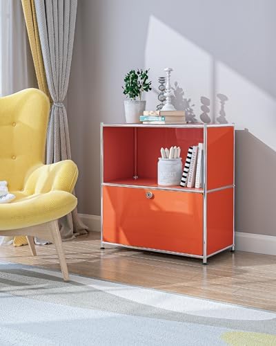 325 Inch Flip Top Side Table with Detachable Wheels and Storage - Modern Orange Bedroom Furniture