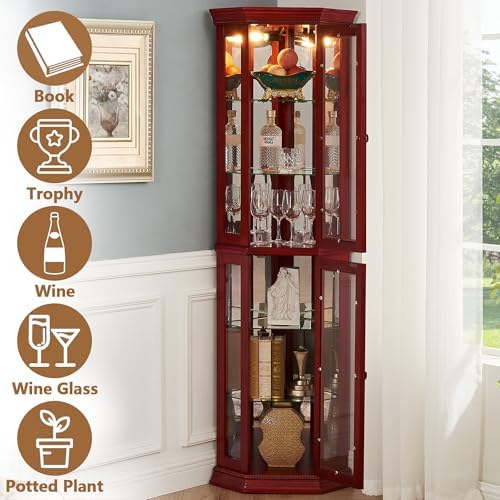 70 Inch Corner Curio Cabinet with LED Lights Cherry