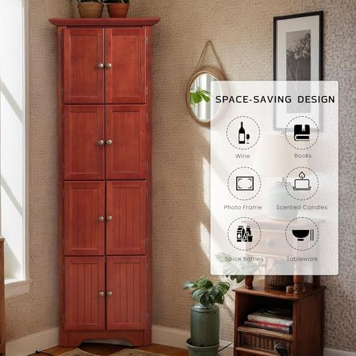 Corner Storage Cabinet 72 Inch Tall Wooden Kitchen Pantry with 8 Doors and 4 Adjustable Shelves
