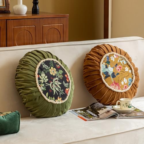 Vctops Round Throw Pillow with Zipper Vintage Floral Velvet Cushion 18 Inch