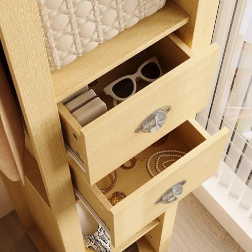 Rotating Storage Cabinet with Mirror Narrow Corner Bookshelf Entryway Organizer 4 Hooks 2 Drawers Beige 138x138x648