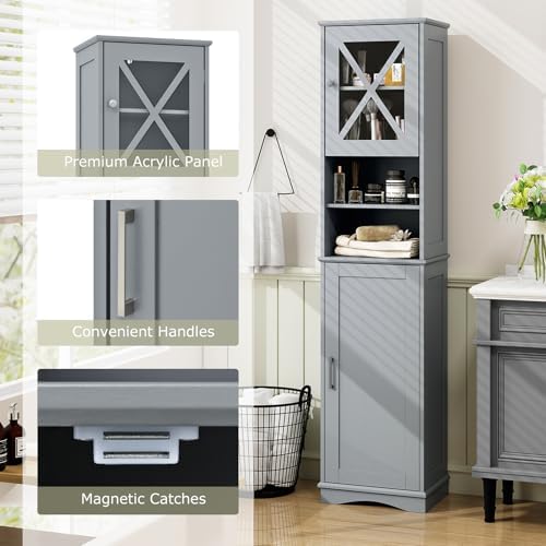 Tangkula 67 Inch Tall Bathroom Cabinet with Acrylic Doors and Adjustable Shelves