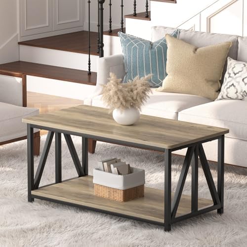 Modern Farmhouse Coffee Table with 2 Tier Storage and Round Edges