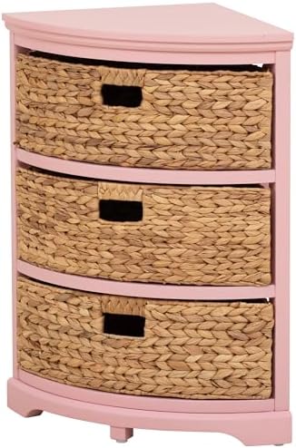 eHemco Hampton Meadows 3 Tier Corner Table with 3 Wicker Baskets Pink
