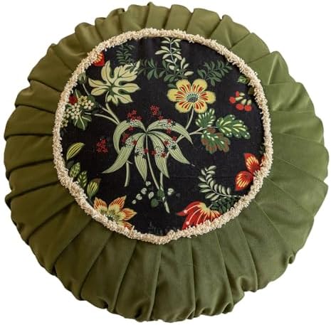 Vctops Round Throw Pillow with Zipper Vintage Floral Velvet Cushion 18 Inch