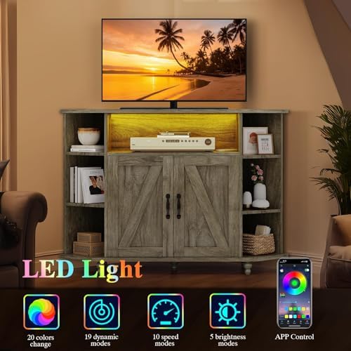 4 Ever Winner Corner TV Stand for 50 Inch TV Farmhouse Style with LED Light Open Storage Adjustable Shelves Grey
