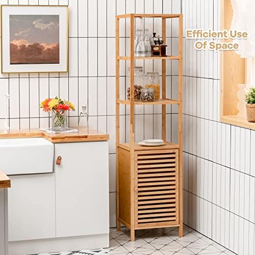 Giantex Bamboo Storage Cabinet 4-Tier Slim Shelving Unit with Shutter Door and Anti-Toppling Device