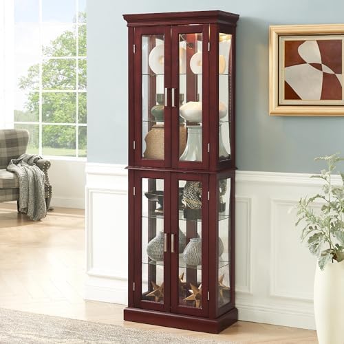 Tall Storage Cabinet with Adjustable Shelves and Lighted Glass Display