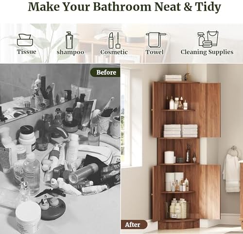 71 Inch Tall Corner Cabinet with Doors and 5-Tier Shelves in Walnut