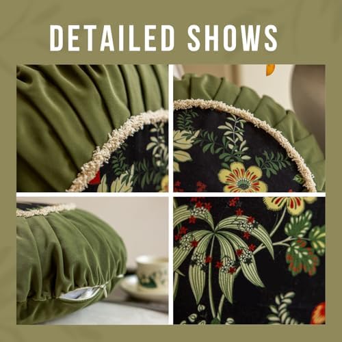Vctops Round Throw Pillow with Zipper Vintage Floral Velvet Cushion 18 Inch