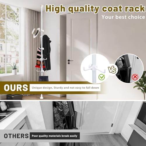 Freestanding Coat Rack with 12 Hooks and Adjustable Tension Rod White